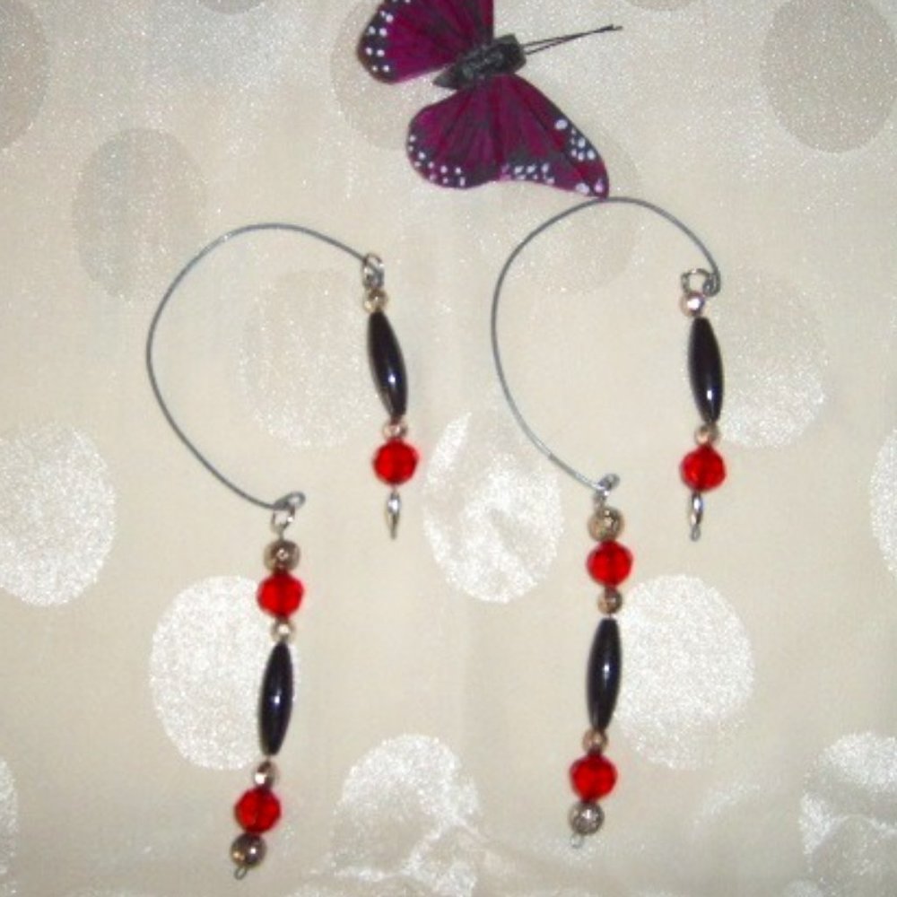 Earrings Wire Goes Around Ear Red/Blk/Silver NWOT